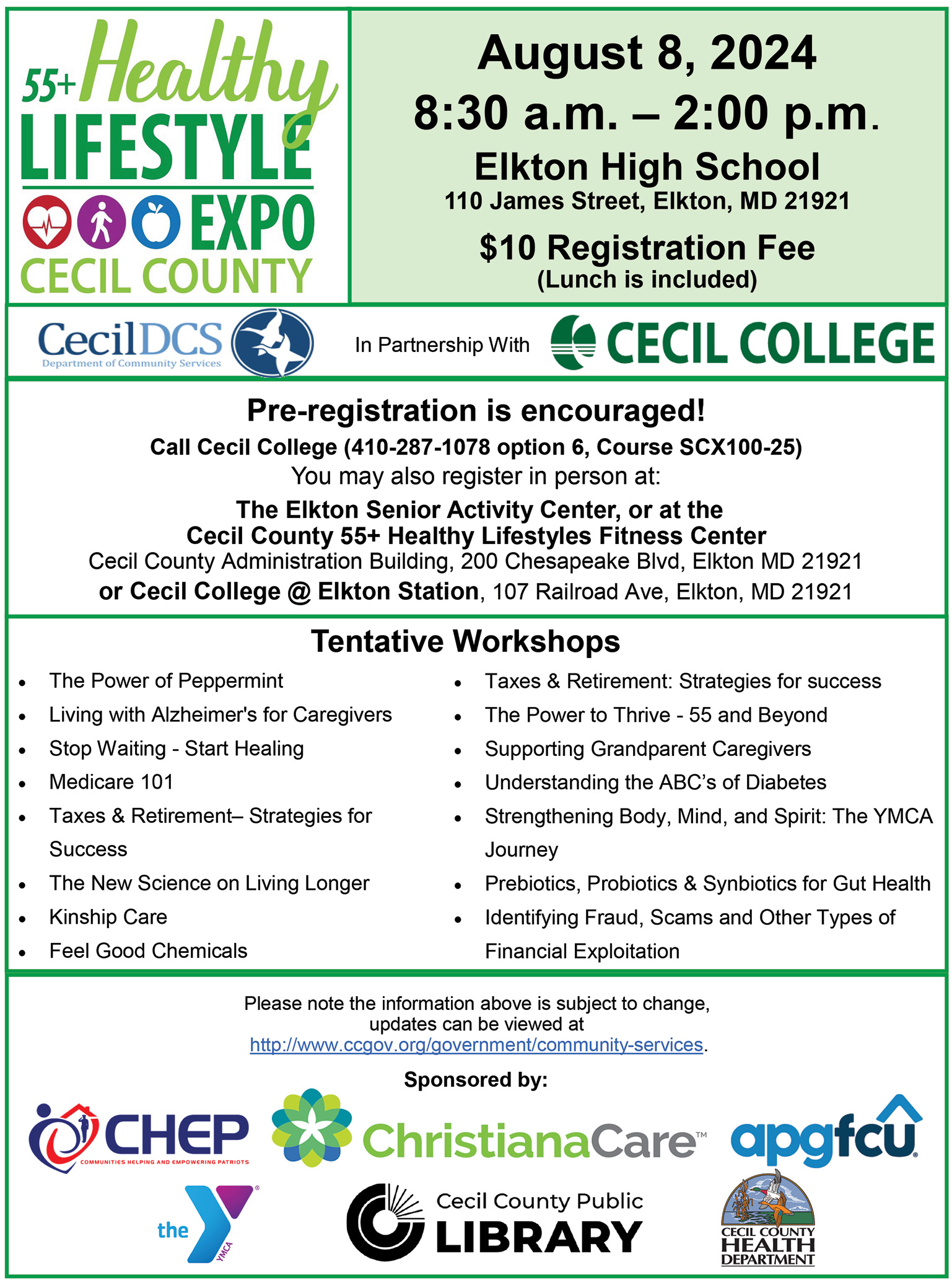 Cecil County 55+ Expo August 8, 2024 - Flyer-Workshops