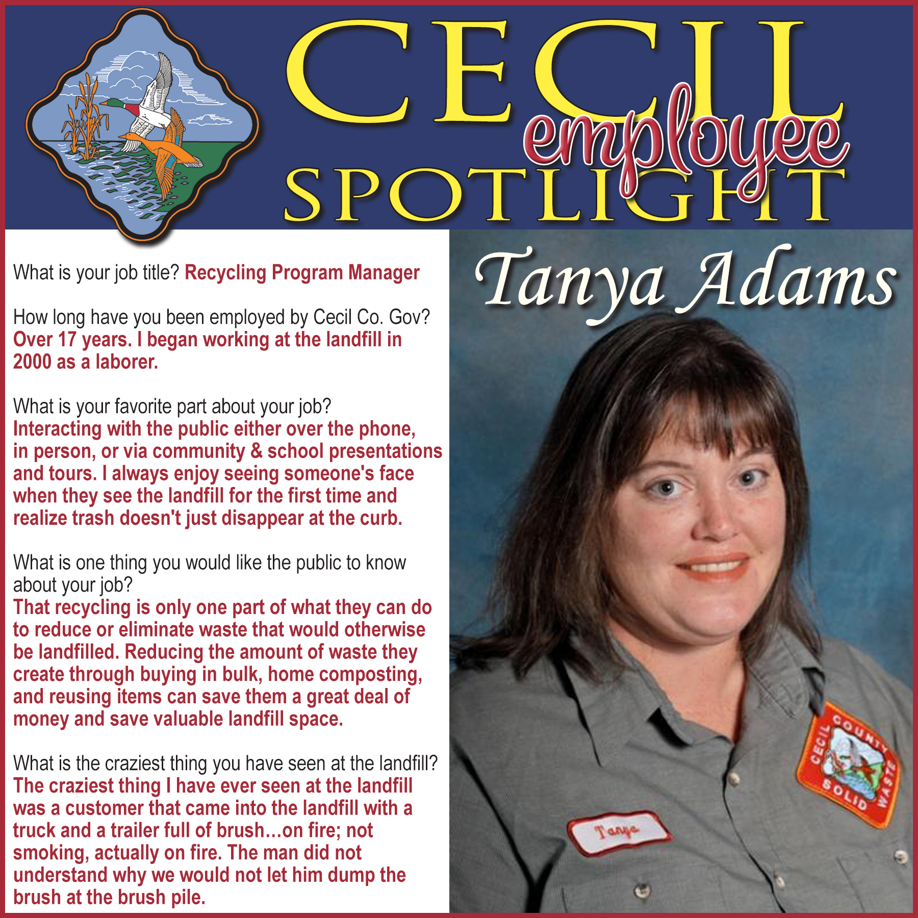 Cecil Employee Spotlight Recycling Program Manager Tanya Adams Press Releases Cecil County