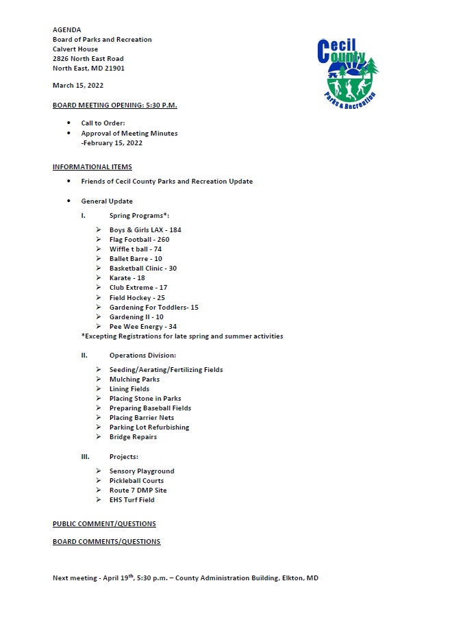 Parks Board Agenda 3 15 2022